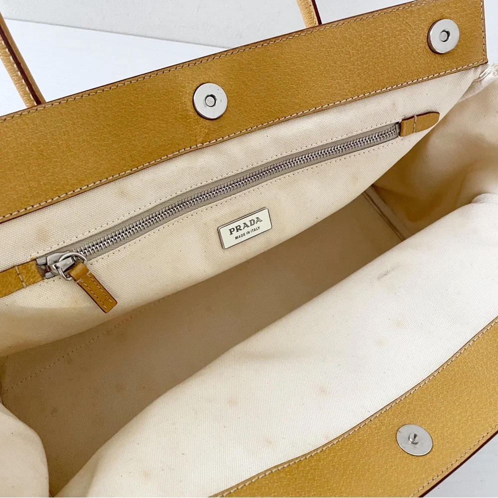 Prada Canapa canvas and orange leather button detail satchel bag